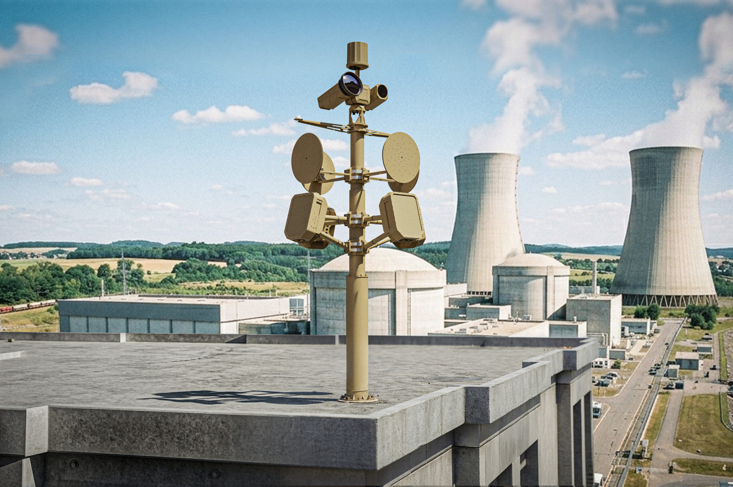 Skylock multi-layer Counter-UAS system deployed on a rooftop to protect critical infrastructure from drone threats.