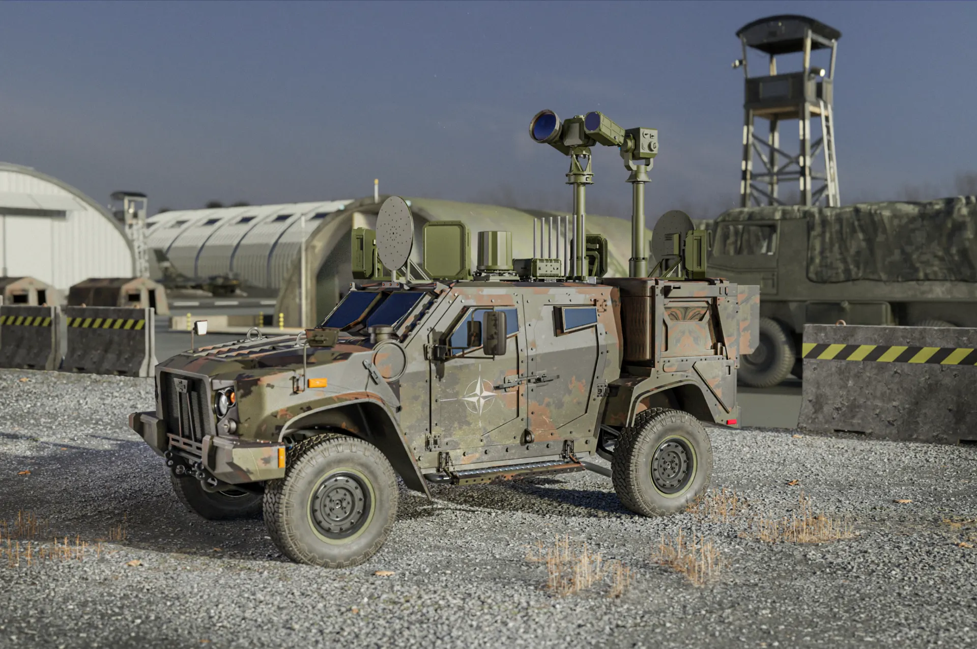 Skylock counter-drone system mounted on a tactical vehicle
