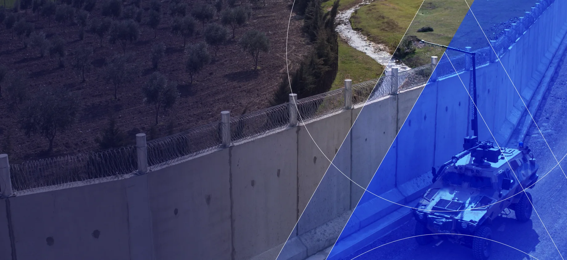 Border wall with a surveillance vehicle on patrol, border protection by Autonomous Guard