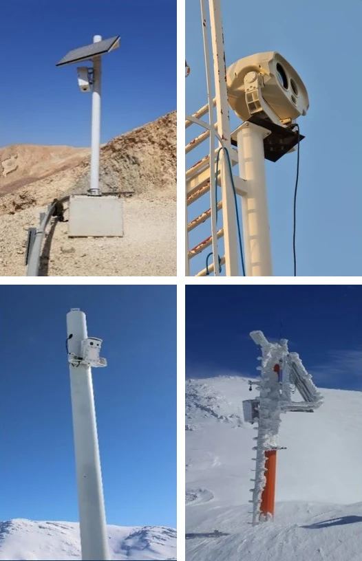 BeeSense systems on a solar desert pole, a tower, a snow-line mast and an iced mountain mast
