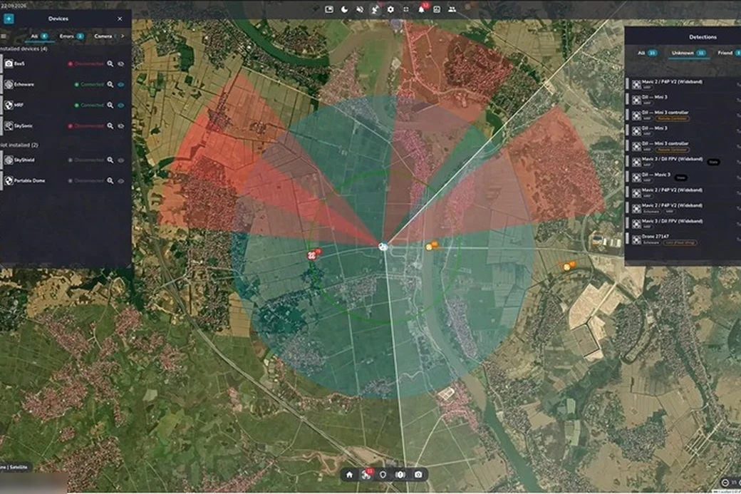 Skylock C4I screen showing sensor coverage sectors on a satellite map with a live list of detected drones